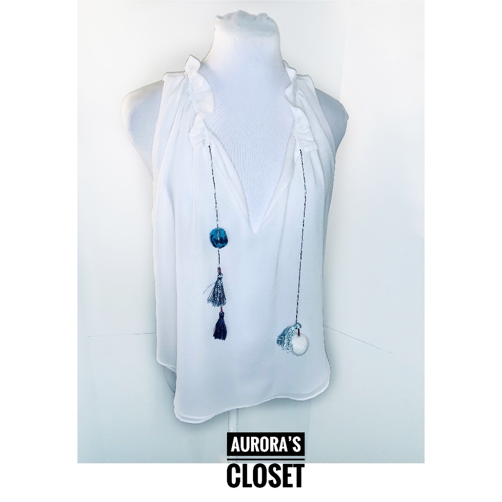 Misa S White Chiffon Top Split Ruffle Neck Tassel Pom Pom Tie Sleeveless Dema